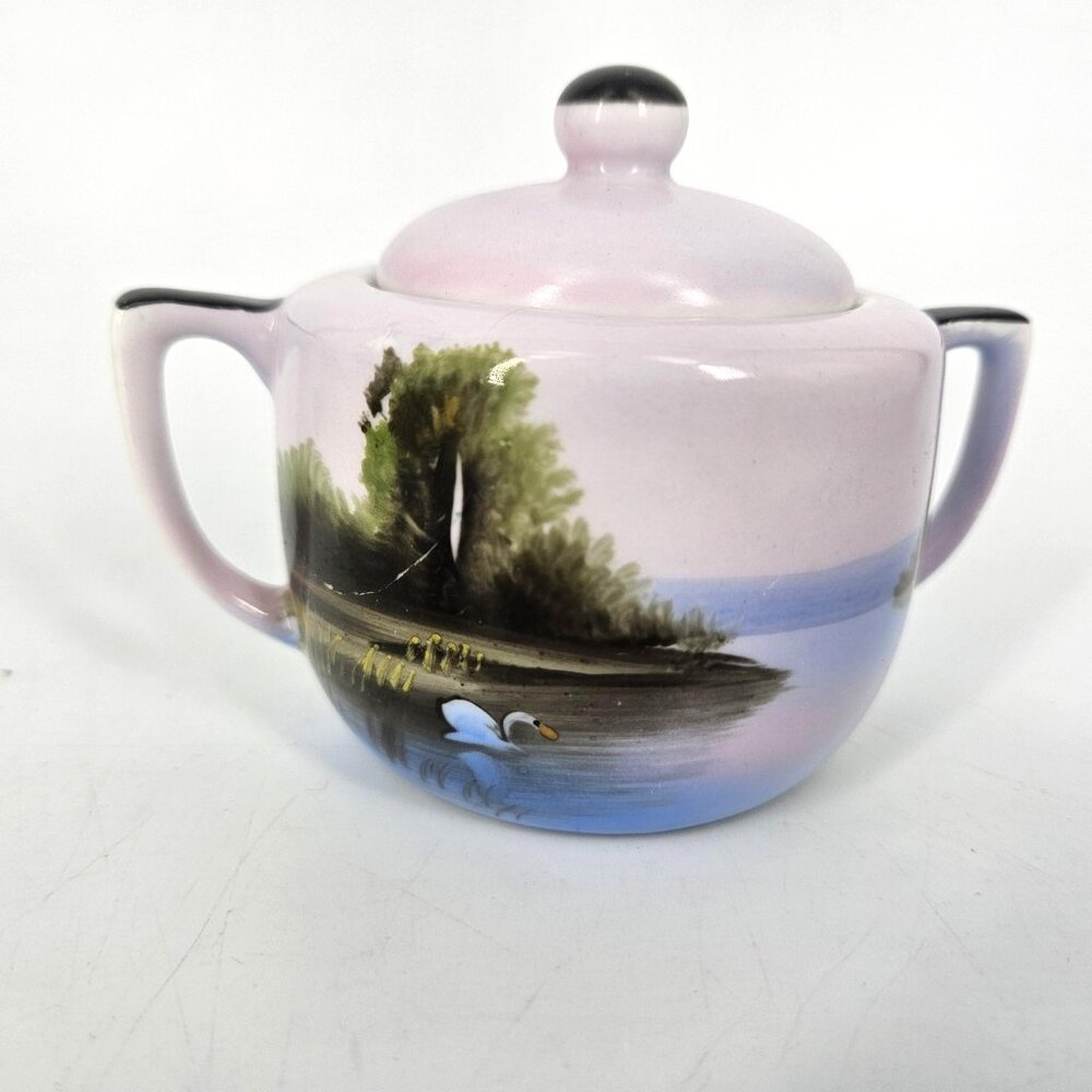 Vintage Noritake Hand Painted Swan Lake Sugar Bowl Lid Lavender Japan Porcelain